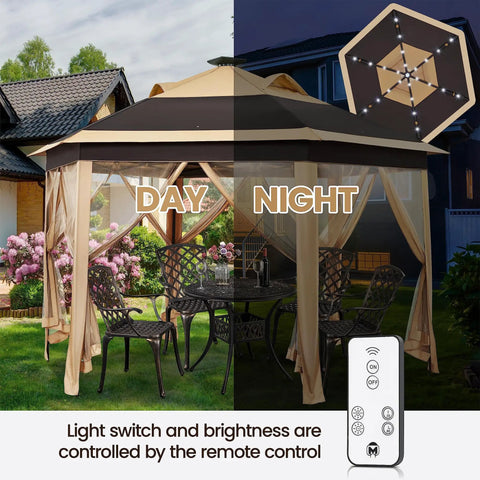 Easy Pop Up 13x13 Patio Gazebo Tent With All Around Mesh Sides And 25 Solar LED Lights Hexagonal Double Vent Three Height Adjustable in Khaki and Brown