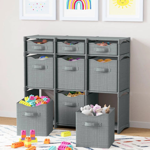 Nine Cube Storage Organizer With Bins Included For Toy Storage Closet Storage And Clothes Storage Grey All In One Cabinet System
