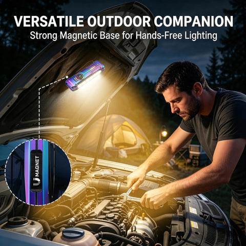Man using Ultra Flat EDC Rechargeable Tactical Flashlight with UV Magnetic Small Work Light on car hood, hands-free lighting
