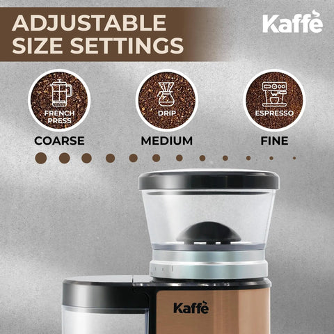 Premium Electric Flat Burr Coffee Grinder Featuring Adjustable Burrs And An Upgraded Quiet Motor For Legit Home Brewers 55 Ounce Copper Hopper showing grind size settings.