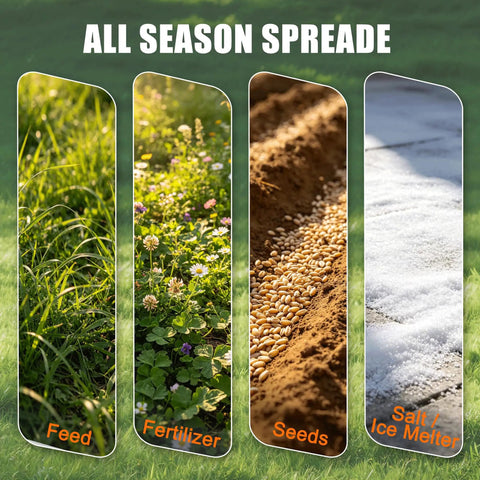Image showing applications of Heavy Duty Walk Behind Broadcast Spreader For Fertilizer Seed And Salt with various materials.