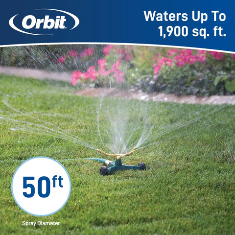Three Arm Metal Lawn Sprinkler With Wheel Base for Garden Irrigation Full Circle Coverage Up To Fifty Feet Diameter Even Water Distribution