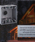 2 Gang Weatherproof Deep Box for outdoor electrical wiring with five 1 inch threaded outlets, side view