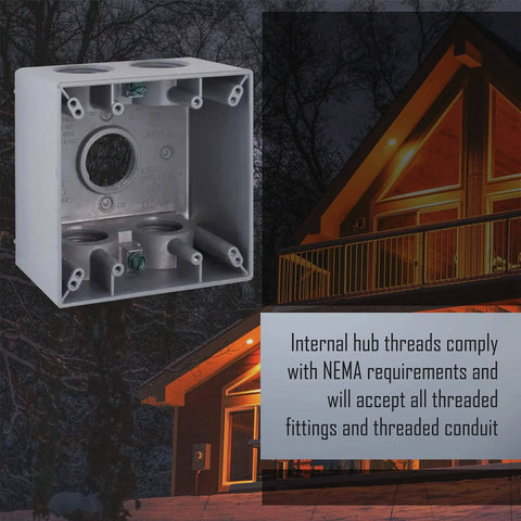 2 Gang Weatherproof Deep Box for outdoor electrical wiring with five 1 inch threaded outlets, side view