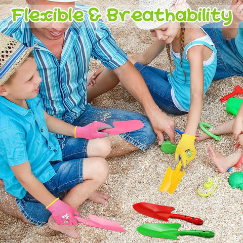 Children using 24 Piece Kid Friendly Garden Tool Set With Mini Colorful Metal Shovels And Gloves Includes 12 Hand Trowels In 6 Colors.
