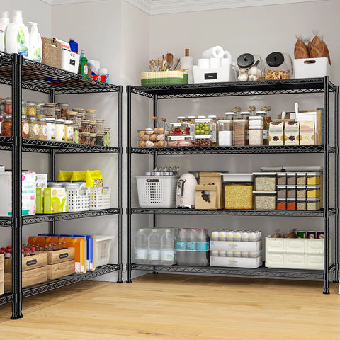 Extra Wide 4 Tier Storage Rack With 800 Lbs Capacity Adjustable Shelves Black Metal Shelf Unit For Garage Closet Kitchen Utility And Bulk Storage Heavy Duty Steel Construction For Long Lasting Use, black metal 4-tier storage rack loaded with pantry items