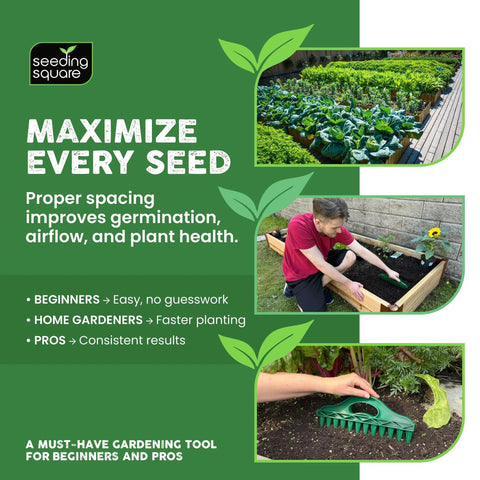 Man using Row Seeder Handheld Garden Tool for precise seed spacing in rows, ensuring consistent planting in vegetable garden.