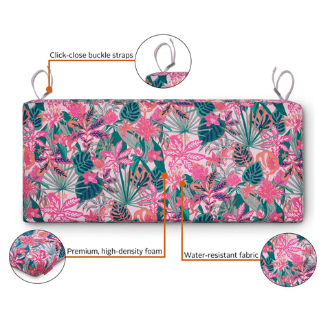 Water Resistant Patio Bench Cushion 48 By 18 By 3 Inches With Cozy High Density Foam And Weatherproof Fabric And Easy Click Close Straps For Secure Fit Rain Forest Canopy Coral Outdoor Comfort Pad shown with floral design and labeled features.