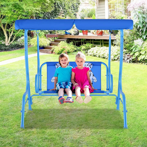 2 Seat Kids Patio Swing For Outdoor Fun And Chill With Adjustable Canopy And Safety Belt All Weather Waterproof Hanging Bench