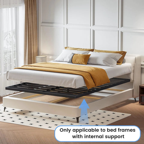 Heavy Duty King Box Spring 2 Inch Low Profile Metal Bed Base Featuring Dense Steel Slats That Support Up To 3000 Pounds under a mattress in bedroom.