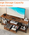 Industrial Rustic Brown TV Stand With Two Fabric Drawers And Open Shelving Spacious 55 Inch Entertainment Console for media organization.