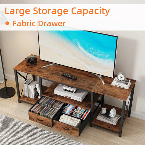 Industrial Rustic Brown TV Stand With Two Fabric Drawers And Open Shelving Spacious 55 Inch Entertainment Console for media organization.