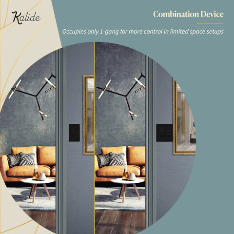 Kalide Dual Load Dimmer Light Switch For LEDs in black finish installed beside a modern living room with pendant lights and sofa.