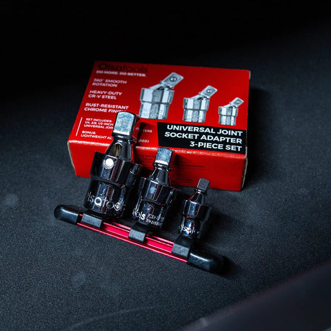 Universal Joint Set For One Half Inch, Three Eighths Inch, And One Quarter Inch Drive with Aluminum Rail and adapters displayed