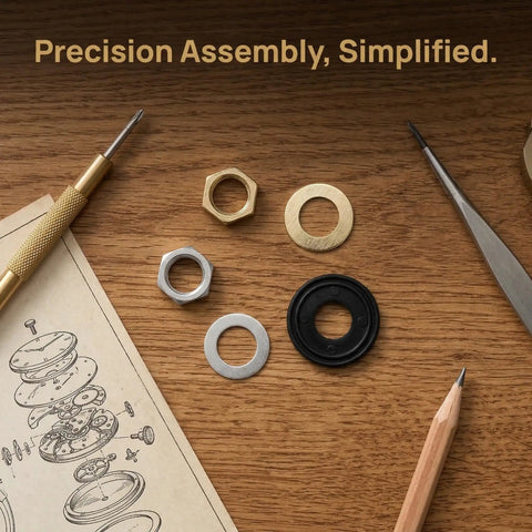 Quartz Clock Nut and Washer DIY Repair Kit 10 Sets With Metal and Rubber Components For Stable Performance, Precise Assembly, And Easy Wall Clock Mechanism Replacement. Metal and rubber clock parts on wood.