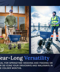 Two people using a Heavy Duty Homeowner Broadcast Spreader With 65Lb Capacity And Powder Coated Steel Frame For Spreading Grass Seed Fertilizer And Ice Melt On Lawns And Driveways With Smooth Roll On Two 10 Inch Pneumatic Tires in different seasons.