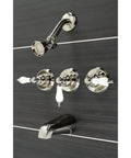 Victorian Triple Handle Tub And Shower Faucet In Polished Nickel, Solid Brass Wall Mount Fixture With Washerless Cartridge