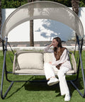 Two-Seat Outdoor Porch Swing With Canopy, Hanging Glider Bench With Thick Cushions, Rustproof Metal Frame, Beige patio hammock chair