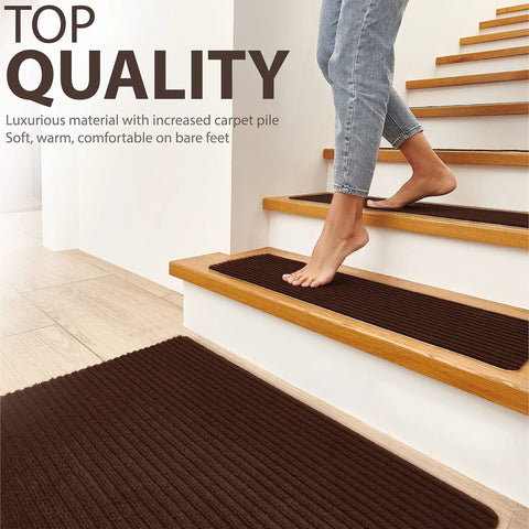 Non Slip Stair Treads For Wood Stairs 14 Pack 8.5 By 30 Inches With Landing Rug And Brush Indoor Brown Stair Runners Safe Steps For Pets Kids And Seniors in use on stairs