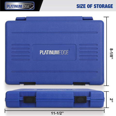 Blue storage case for Lug Nut Key Set 16 Piece SAE And Metric Wheel Lock Removal Tool Kit In CrMo Steel with sizing dimensions displayed.