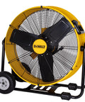 Beefy Workhorse 24 Inch Industrial Drum Fan with high velocity airflow, yellow metal floor fan, 360 degree tilt, large wheels, portable