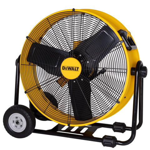Beefy Workhorse 24 Inch Industrial Drum Fan with high velocity airflow, yellow metal floor fan, 360 degree tilt, large wheels, portable