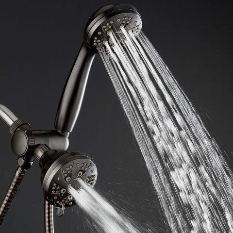Oil Rubbed Bronze High Pressure Shower Head Combo With 3-Way Rain And Handheld, 48-Setting Modes, showing dual water streams