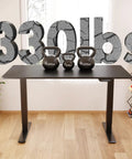 Crush Your Daily Desk Routine With This Height Adjustable Standing Desk Featuring Dual Motors Heavy Duty 3 Stage Lift Roomy 60 By 24 Top Clean Cable Routing Easy Roll Casters And Matte Black Frame with kettlebells on top.