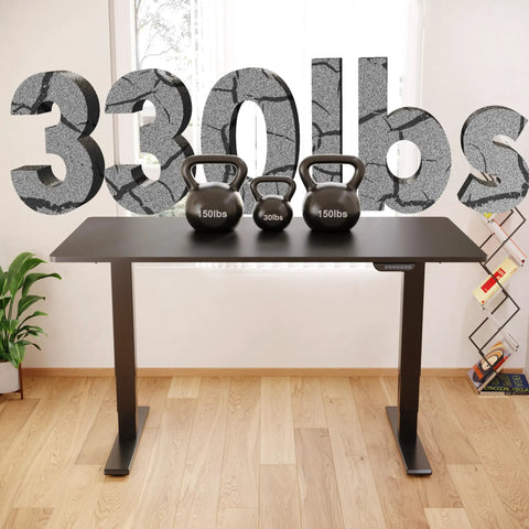 Crush Your Daily Desk Routine With This Height Adjustable Standing Desk Featuring Dual Motors Heavy Duty 3 Stage Lift Roomy 60 By 24 Top Clean Cable Routing Easy Roll Casters And Matte Black Frame with kettlebells on top.