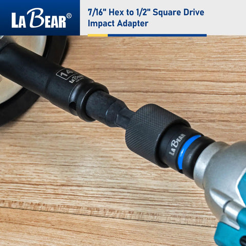 Seven Sixteenths Hex to One Half Inch Square Drive Impact Socket Adapter attached to tool on wood surface
