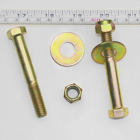 Built Tough 7/16 X 3 Inch Grade 5 Hex Head Bolts With Reliable Nylon Lock Nuts And Massive Flat Washers Zinc Coated Alloy Steel Hardware Kit showing components.