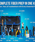 Fiber Prep Kit With VFL Plus For Tech Pros includes essential tools like visual fault locator, cutters, and strippers with 21-pocket case.