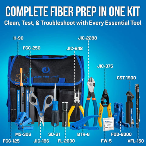 Fiber Prep Kit With VFL Plus For Tech Pros includes essential tools like visual fault locator, cutters, and strippers with 21-pocket case.