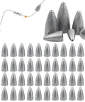 Bullet Fishing Sinkers 50 Pcs Set For Bass Texas Rig Weedless Fishing Sliding Slip Sinkers arranged in rows with fishing line setup.