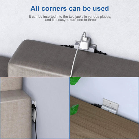 Three Way Flat Wall Outlet Extender With Swivel Two Prong Indoor Plug in use behind furniture