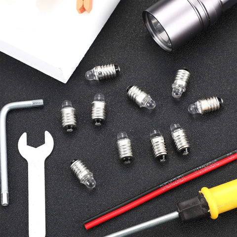 10 Pack E10 LED Bulbs For 3V Miniature Flashlights Replacement Bulbs Mini Lamps Cool White Light Durable Glass And Metal Construction