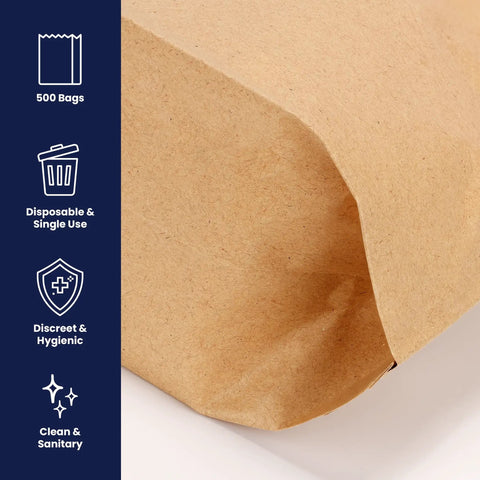 Close-up of waxed kraft receptacle liner bag, part of 500 count, moisture resistant, fits sanitary disposal units, 7.5 by 10.5 by 3 inches.