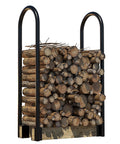 Heavy Duty Firewood Log Rack Kit With Adjustable Bracket For Indoor Or Outdoor Use, Black Powder Coated Steel, loaded with logs