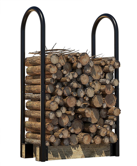 Heavy Duty Firewood Log Rack Kit With Adjustable Bracket For Indoor Or Outdoor Use, Black Powder Coated Steel, loaded with logs