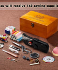 Grab-and-Go Handheld Sewing Machine Kit With 142 Piece Essentials, Wooden Storage Box, Dual Power Supply, Electric Switch, Heavy-Duty Scissors, Assorted Needles And Threads For Quick Home Repairs. Wooden box, handheld sewing machine, threads, scissors, needles