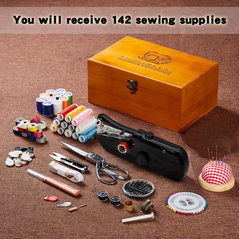 Grab-and-Go Handheld Sewing Machine Kit With 142 Piece Essentials, Wooden Storage Box, Dual Power Supply, Electric Switch, Heavy-Duty Scissors, Assorted Needles And Threads For Quick Home Repairs. Wooden box, handheld sewing machine, threads, scissors, needles