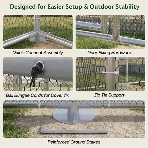 Assembly features of the 26 By 10 Ft Extra Large Walk In Chicken Coop With Dome Roof Front And Rear Doors Feeding Door Roosting Ladder.