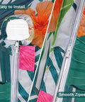 Close-up of rectangle outdoor tablecloth with umbrella hole and palm leaf pattern, showcasing zipper feature for easy install.