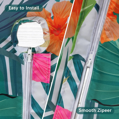 Close-up of rectangle outdoor tablecloth with umbrella hole and palm leaf pattern, showcasing zipper feature for easy install.