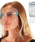 Woman wearing Ten Pack Ultra Clear Safety Face Shields Built In Glasses Frames For Full Face Protection Lightweight Durable Shield And Super Comfortable Fit For Everyday Use At Work Or In Clinics
