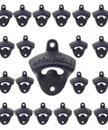 Twenty Four Pack Matte Black Cast Iron Bottle Opener Wall Mounted Heavy Duty Steel Cap Remover Hanging Bar Supplies With Mounting Studs For Kitchen Pub And Game Room Built Like A Tank Setup, showing multiple openers.
