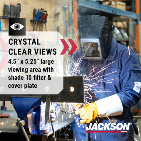 Welder using Fixed Shade Welding Helmet HSL100 W10 With Narrow Shell For Tight Spaces Extended Front For Extra Throat Protection