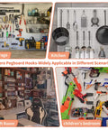 Pegboard Organizer Kit With 240-Piece Hook Set For Garage Wall Storage shown in various setups: garage, kitchen, craft room, and children's bedroom.