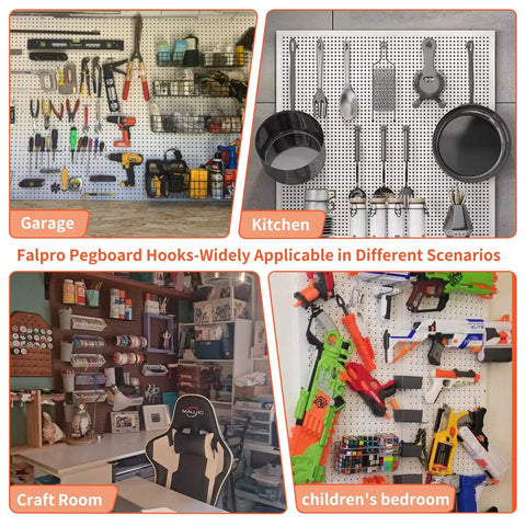 Pegboard Organizer Kit With 240-Piece Hook Set For Garage Wall Storage shown in various setups: garage, kitchen, craft room, and children's bedroom.