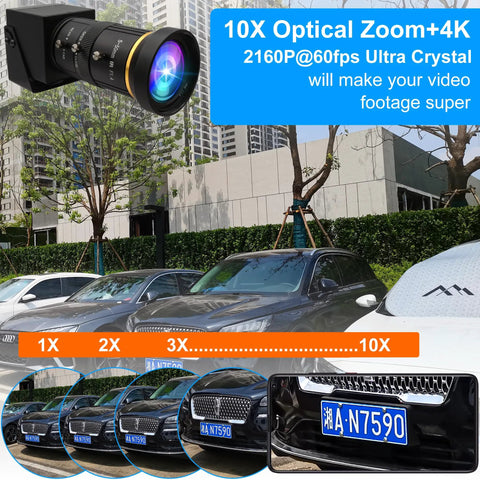 4K 60fps USB 3.0 Webcam With HDMI And USB Output For Dual Display Setup, 10x Zoom Lens 5-50mm, Manual Zoom, parked cars zoom view
